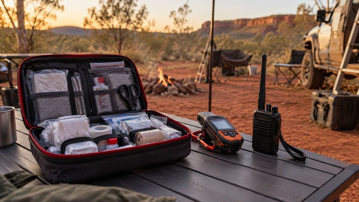 Open first aid kit on a camp table beside a satellite communicator and UHF radio at a red dirt campsite