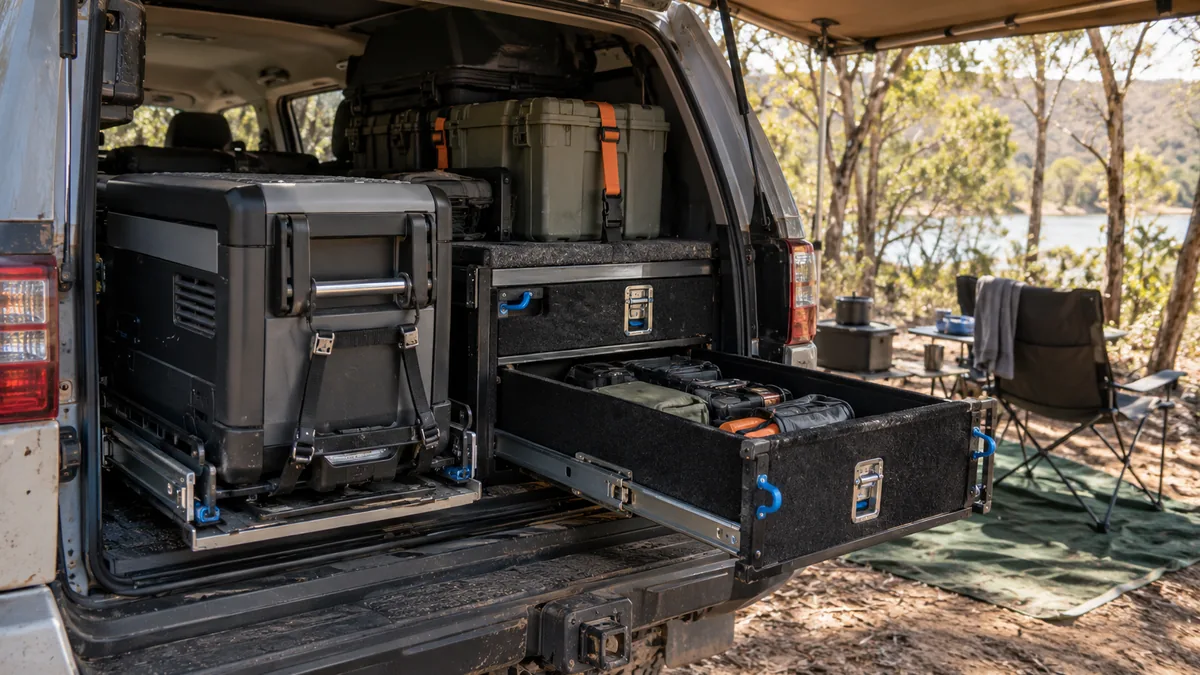 Rear of a 4WD with a strapped-down fridge on a slide, storage drawers and tubs, camp chairs beyond