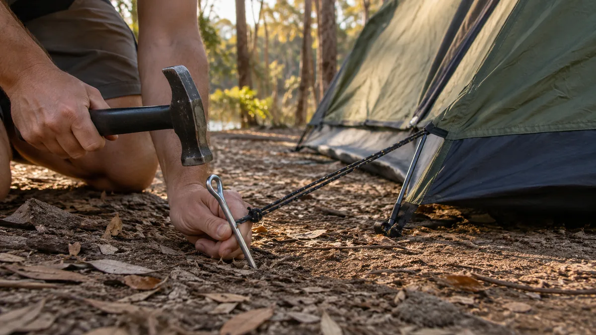Hands pegging out a half-pitched green dome tent at a bush campsite