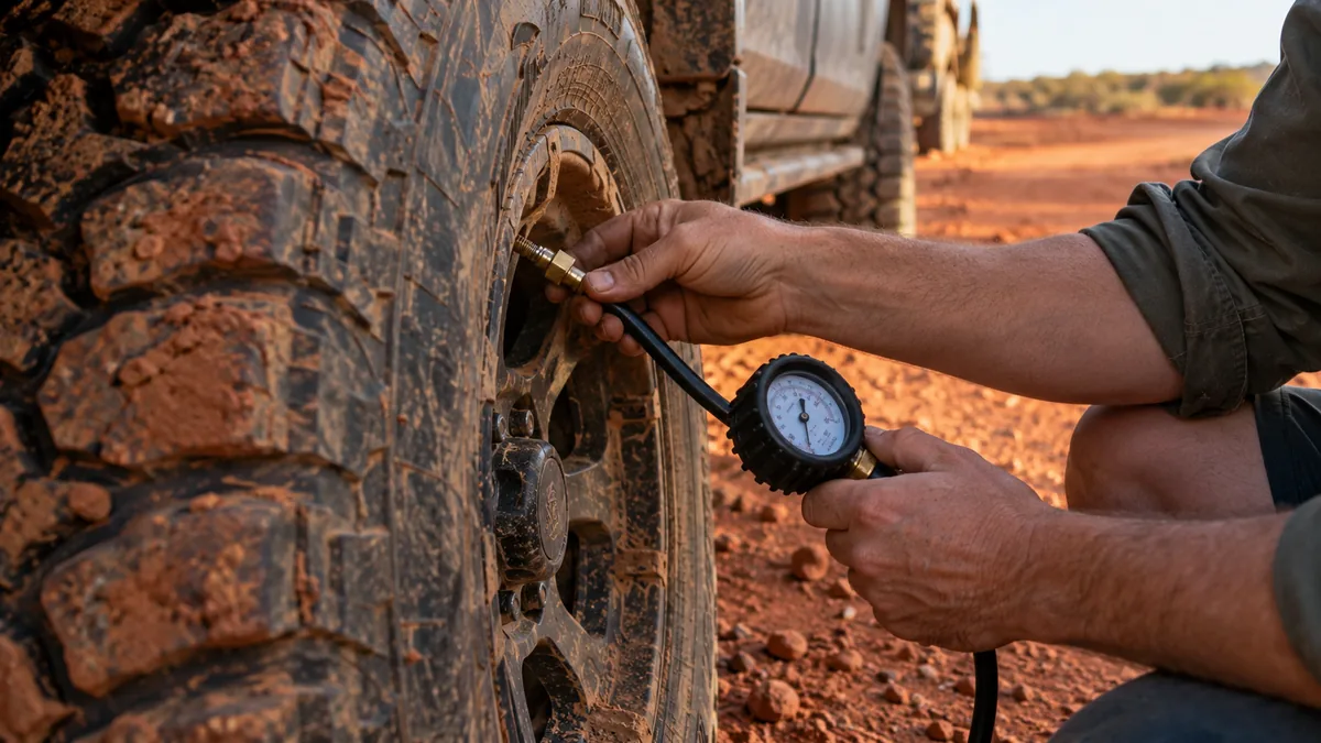 Hands checking a muddy 4WD tyre with a dial pressure gauge on a red dirt track