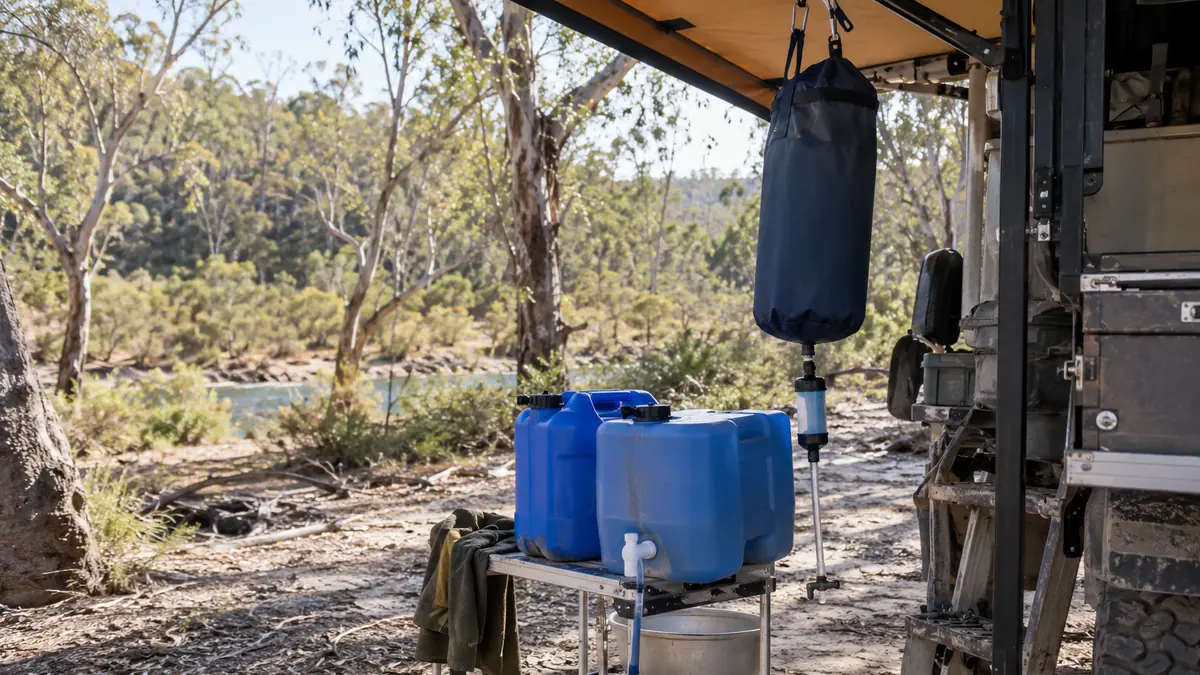 Blue water jerry cans with taps on a camp table and a hanging gravity water filter under a 4WD awning beside a river
