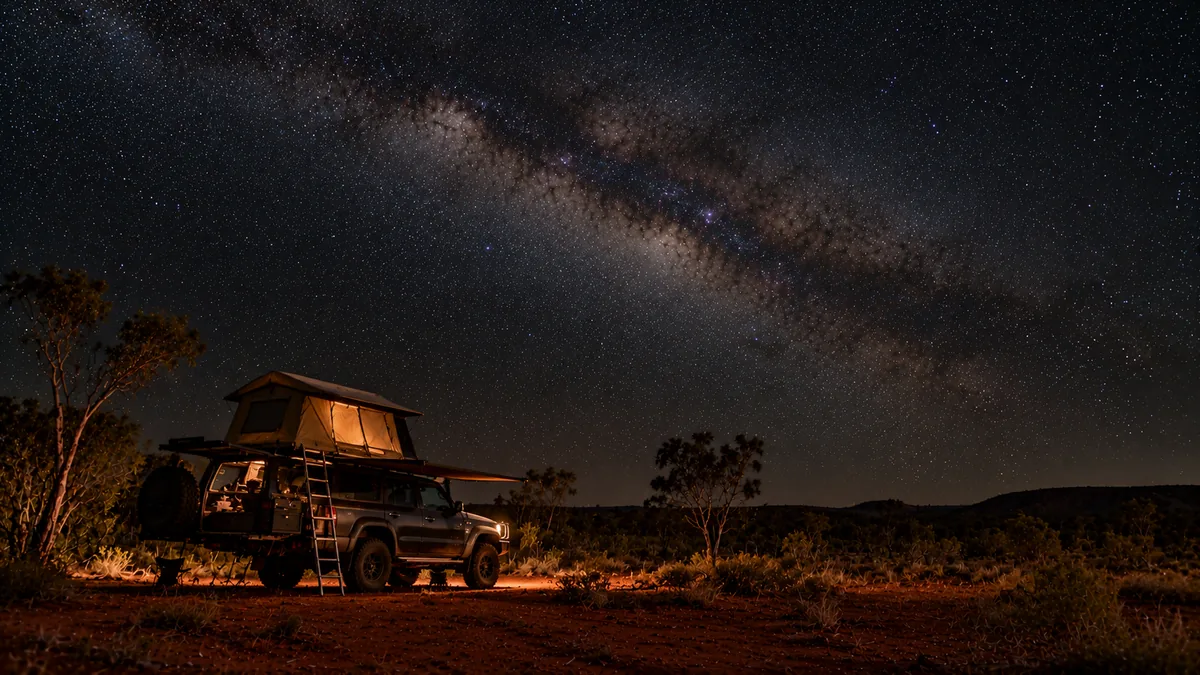 A 4WD with a rooftop tent parked under a dense field of stars in the outback, its outline lightly lit by torchlight