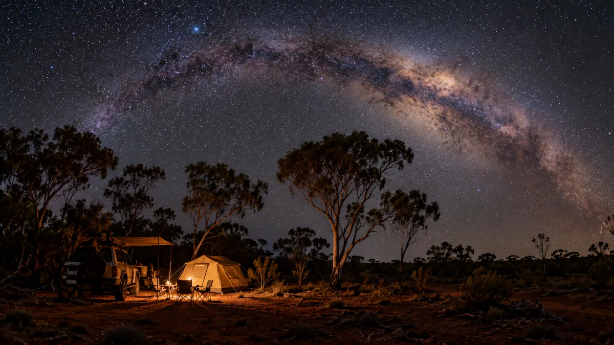 The Milky Way arching over a red-dirt outback campsite with a softly lit tent and a 4WD silhouetted against the sky