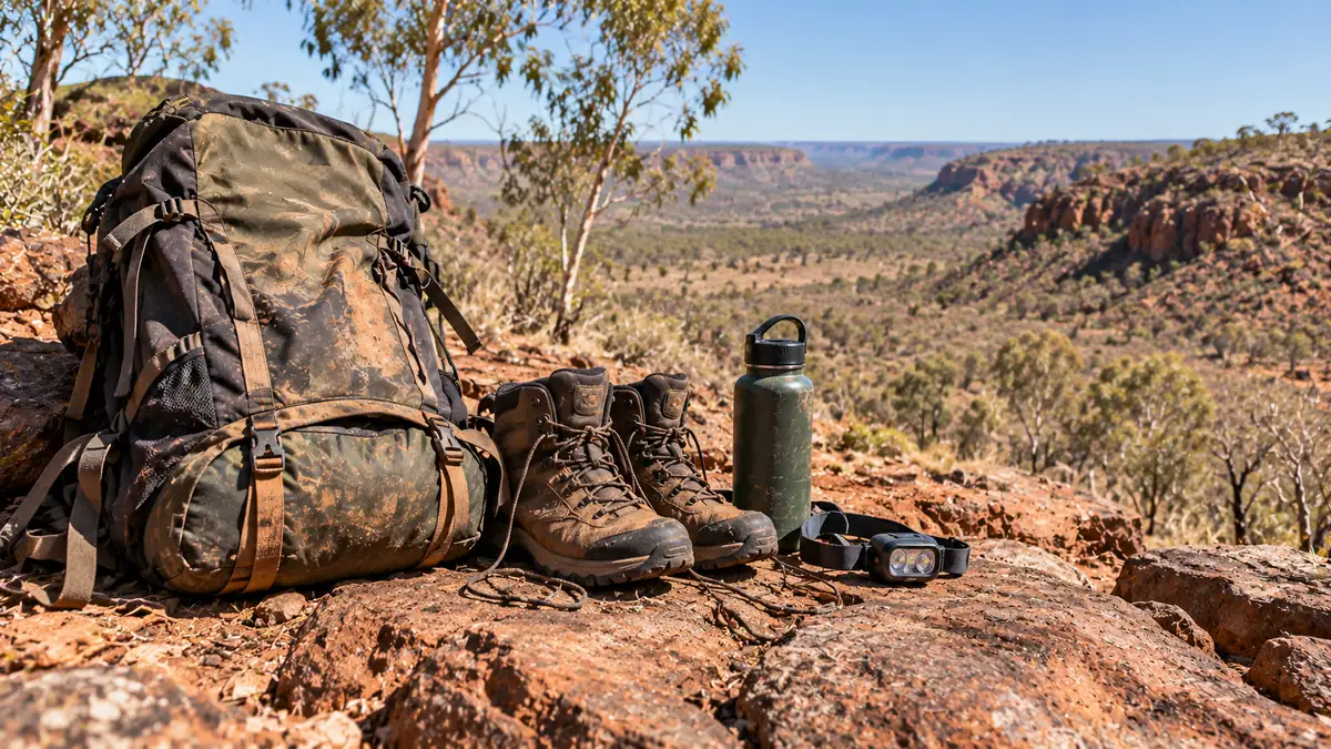 Backpack, hiking boots, water bottle and headtorch on a rock above an outback gorge