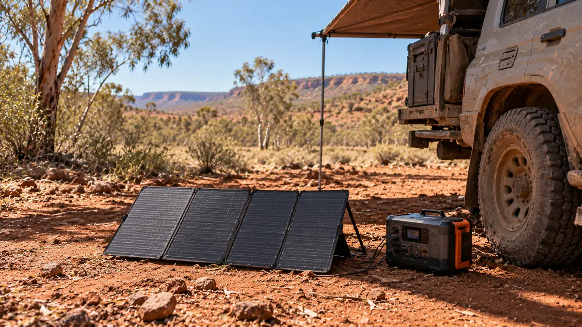Folding solar panel connected to a portable power station beside a 4WD at an outback camp