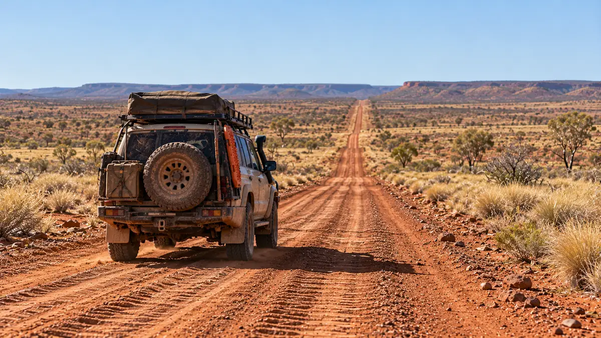 Loaded 4WD driving down a long red dirt road towards a distant range